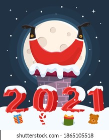 Vector New Year holiday card. Santa Claus on New Year's Eve is trying to climb through the chimney to leave gifts under the tree. Scattered gifts in the snow. Merry Christmas and Happy New Year 2021.