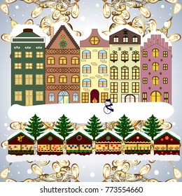 Vector. New year holidays. Greeting card, poster design. Winter nature landscape. Cute town Christmas eve. Winter in the city, christmas decor fir-trees. Cityscape. Vector. Winter houses, road, tree.