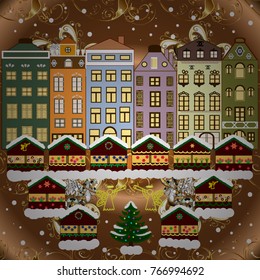 Vector. New year holidays. Winter houses, road, tree. Winter in the city, christmas decor fir-trees. Winter nature landscape. Cute town Christmas eve. Cityscape. Vector. Greeting card, poster design.