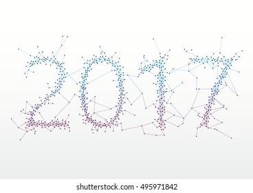 Vector new year icon, 2017 geometric wireframe background with lines connected, molecule metaphor, science technology concept