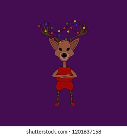 Vector New Year icon. Deer, elf icon on violet background. 