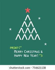 vector New Year icon emoticon with a Christmas tree card. Text: Happy Christmas and Happy New Year!
