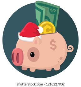 Vector New Year icon piggy bank. Pig in a New Year's hat with  dollars and a coin. Illustration in flat style. 