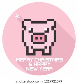 Vector New Year icon pixel pig. Illustration in flat style. Text: Merry Christmas and Happy New Year.