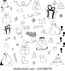 Vector New Year icons doodle, gift, garland, sleeve, sock, felt boots, letter, snowflakes, Christmas tree