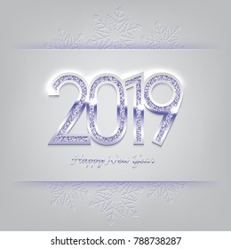 Vector New Year illustration. 2019 silver New Year sign on winter holiday background.