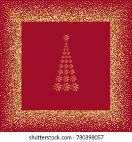 Vector new year illustration, card. Golden Christmas tree on red background in a gold frame.