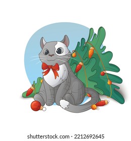 Vector new year illustration of cat with Christmas tree, toy. Christmas elements. Cartoon style. For Christmas card design, banner, poster decoration. Cute pet.