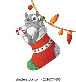 Imagen vectorial de año nuevo del gato con calcetín de Navidad al estilo de las caricaturas. Cadena de luz. Para el diseño de tarjetas de Navidad, banner, decoración de afiches. Típico.