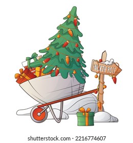 Vector new year illustration of Christmas tree with cart, gifts, snow. Cartoon style. For New Year card design, banner, poster decoration. 