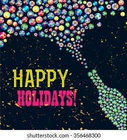 Vector new year illustration with congratulations and champagne illustration made with rhinestones. Christmas postcard design. Editable graphic design template. Celebration and holiday.