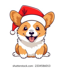 Vector New Year illustration. Cute corgi dog in Santa Claus hat. Christmas illustration in kawaii style 