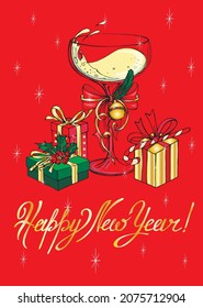 Vector new year illustration. Decorated glass of champagne, green and golden gift boxes with bows, stars and lettering on red background. Holiday design for card, poster, banner, invitation.