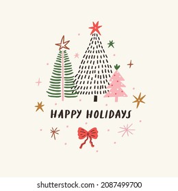 Vektorgrafik des neuen Jahres mit dekorierten Weihnachtsbäumen und Typografie - Frohe Feiertage. Weihnachtsgrußkartendesign im handgezeichneten Stil. 