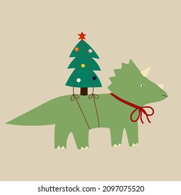 Ilustración vectorial de año nuevo con árbol de Navidad decorado y triceratops con un tazón rojo. Diseño de tarjetas de felicitación navideña en estilo dibujado a mano.