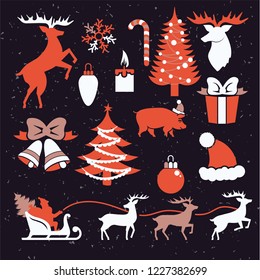 Vector new year illustration. Deer, gifts, Christmas toys and Santa Claus in a sleigh carrying gifts. Flat style bright colors. material for new year cards and content decoration.