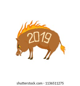 Vector new year illustration of a fire boar with shaved on the side 2019. Isolated on the white background.