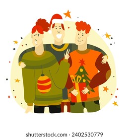 Vector New Year illustration in flat style with happy people in New Year sweaters taking pictures. New Year flat illustration 2024.