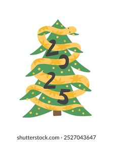 Vektorgrafik Neujahr im flachen Stil. Cartoon Schlange - Symbol des Jahres 2025 auf Weihnachtsbaum. Vorlage für Grußkarte