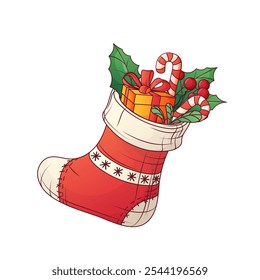 Vector new year illustration of gift, candy, holly in Christmas sock. Merry Christmas, cozy winter, New Year concept. Home interior accessory concept. For card design, poster decoration.