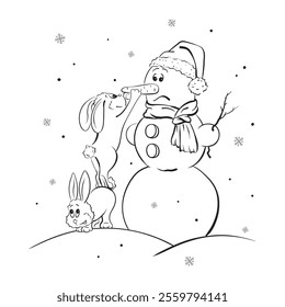 Vector New Year illustration in graphics with hares and snowman on snow