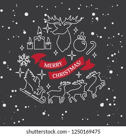 Vector new year illustration for greeting cards. Illustration style with chalk on a blackboard. Illustration with new year elements, gifts, deer, greeting ribbons.