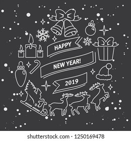 Vector new year illustration for greeting cards. Illustration style with chalk on a blackboard. Illustration with new year elements, gifts, deer, greeting ribbons.