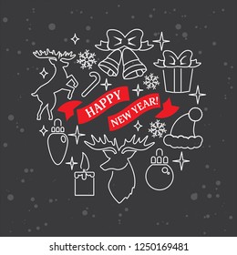 Vector new year illustration for greeting cards. Illustration style with chalk on a blackboard. Illustration with new year elements, gifts, deer, greeting ribbons.