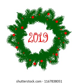 Vector New Year illustration, hand drawn wreath and hand written 2019 number.