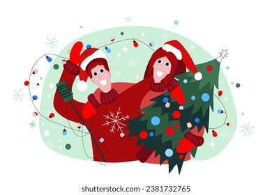 Vector New Year illustration of hugging people in warm knitted New Year hats, sweaters and gloves with a New Year tree and garland