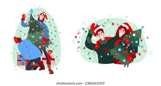 Vector New Year illustration of hugging people in warm knitted New Year hats, sweaters and gloves with a New Year tree and garland