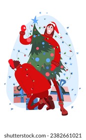 Vector ilustración de Año Nuevo de abrazar a la gente con sombreros, sudaderos y guantes de punto caliente de Año Nuevo con un árbol y un huerto de Año Nuevo