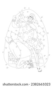 Vector New Year illustration of hugging people in warm knitted New Year hats, sweaters and gloves with a New Year tree and garland