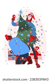 Vector New Year illustration of hugging people in warm knitted New Year hats, sweaters and gloves with a New Year tree and garland