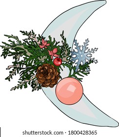 Vector New Year illustration isolated on white background. Month, cones, snowflakes, Christmas tree for printing on paper, logo, clothes, blanks for designers