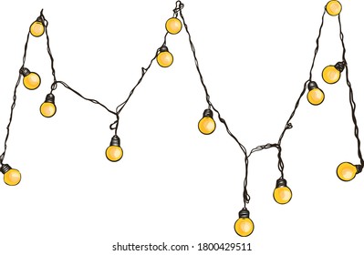 Vector New Year illustration isolated on white background. Garland colored Christmas bulbs on paper, logo, clothes, blanks for designers
