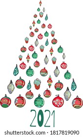 Vector New Year illustration, isolated Christmas balls in the form of a Christmas tree with 2021 year on a white background. For printing on paper, logo, clothing, blanks for designers.