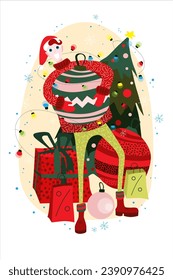 Vector New Year illustration of a man in a Santa Claus hat and sweater holding a New Year's ball with a New Year tree and gifts in the background.