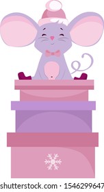 Vector New Year illustration, mouse sits on boxes with gifts.
