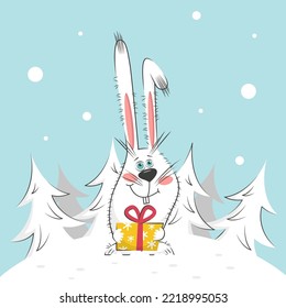 vector new year illustration rabbit with a gift near the forest