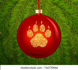 Vector new year illustration red ball with golden dog paw print, greeting card 