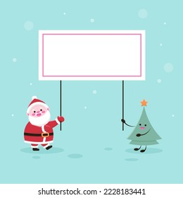 vector new year illustration Santa Claus with Christmas tree hold banner

