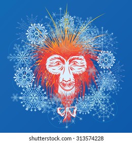 vector New Year illustration with stylized Japanese macaque and snowflakes (EPS 10)