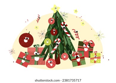 Vector New Year illustration with New Year tree, snowflakes, gift boxes and Christmas tree toys and all items with eyes.