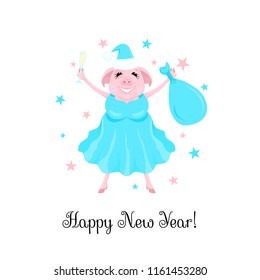 Vector new year illustratration of a turquoise santa pig in dress and hat with bag and champagne isolated on the white background with stars. Text happy new year.