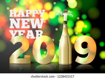 Vector New Year invitation concept with popping champagne bottle.