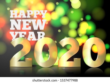 Vector New Year invitation concept with big golden 2020 number on bright bokeh background