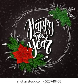 vector new year lettering with a frame, poinsettia flower and spruce branches bouquet with doodle branches on black doodle background. Design for greeting card or poster.