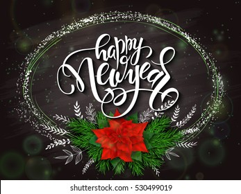vector new year lettering with a frame, poinsettia flower and spruce branches bouquet with doodle branches on black doodle background. Design for greeting card or poster.