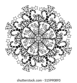 Vector New Year mandala. Black and white version. Isolated on white background.